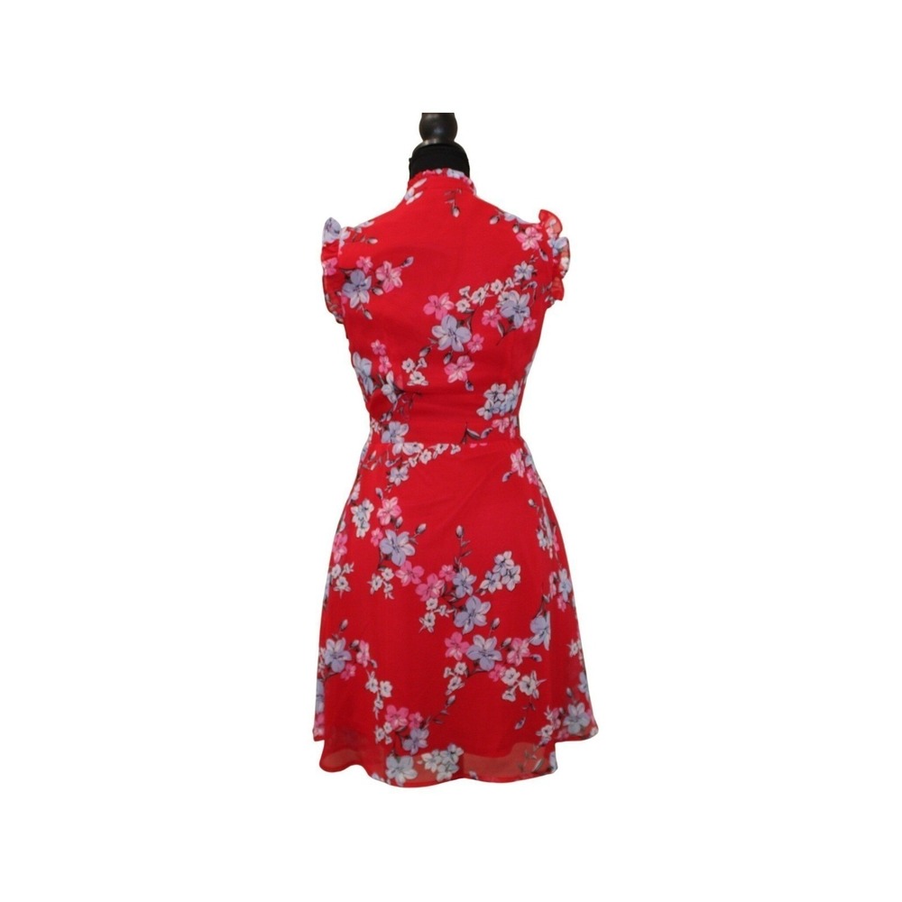Lulus Porch Swing Red Floral Print Skater Dress XS Ruffle Neck Flutter Sleeve - Picture 3 of 3